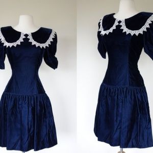 Vintage 80s velvet dress with lace bib collar
